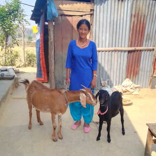 A woman and the animals her family received at a GFA World gift distribution