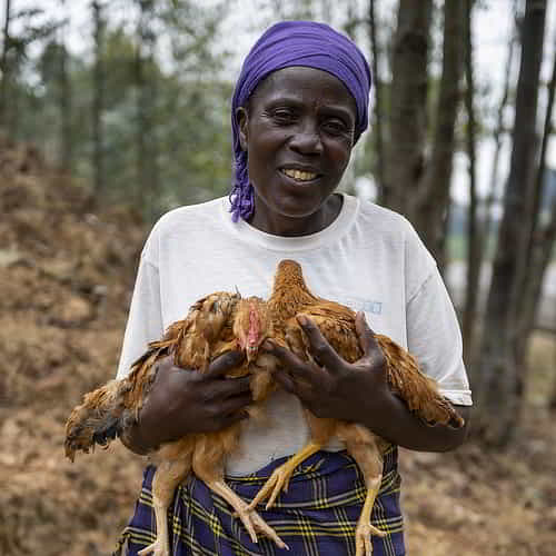 Woman from Rwanda received a pair of chickens through GFA World Gift Catalog distribution