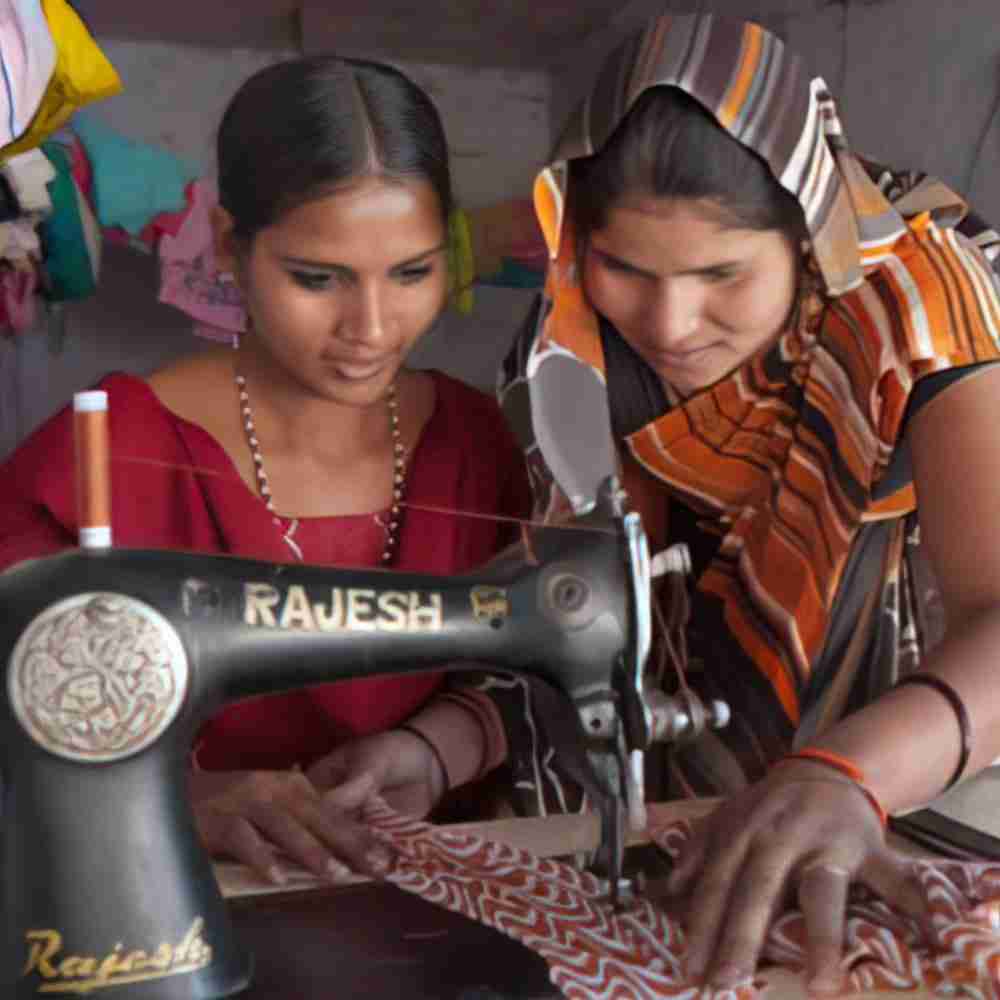 A woman being trained how to sew with a sewing machine