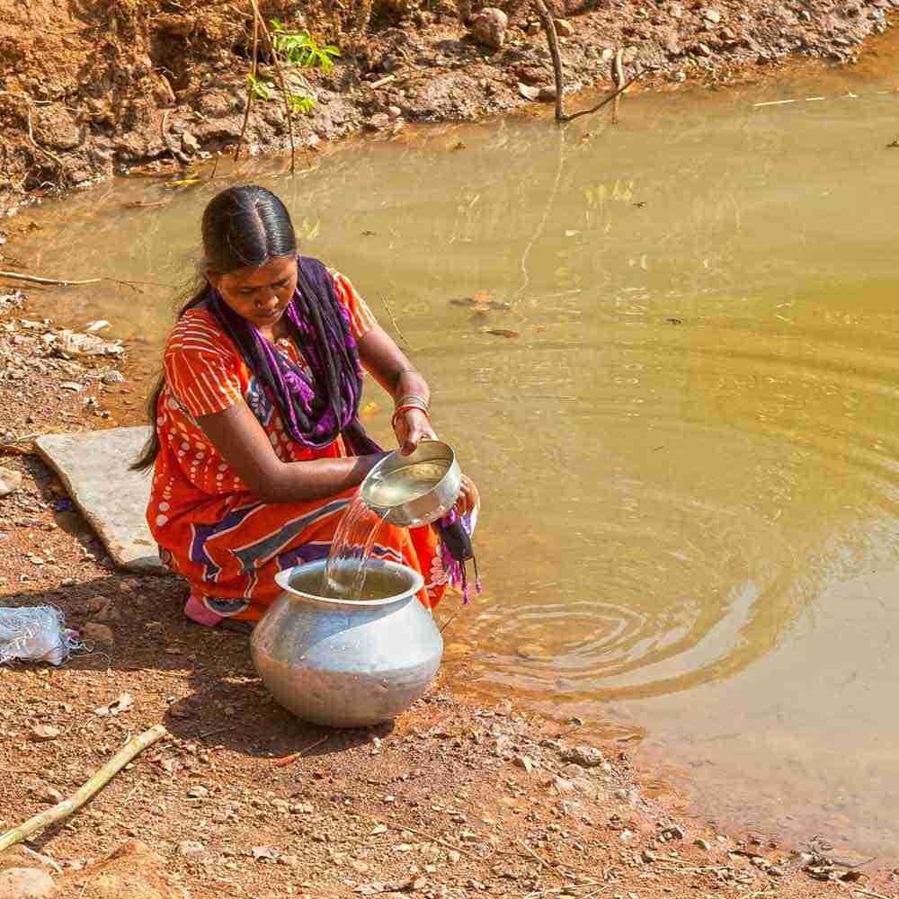 Having no access to clean water, this woman fills up her jar with contaminated pond water