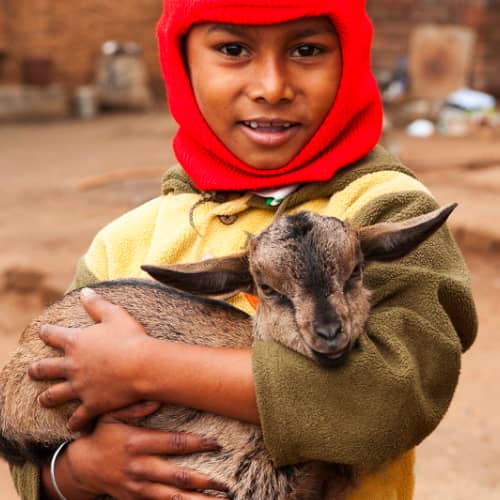 Child received from GFA World (Gospel for Asia) an income generating animal of a goat
