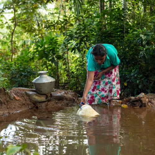 Having no access to clean water, this woman fills up her jar with contaminated pond water